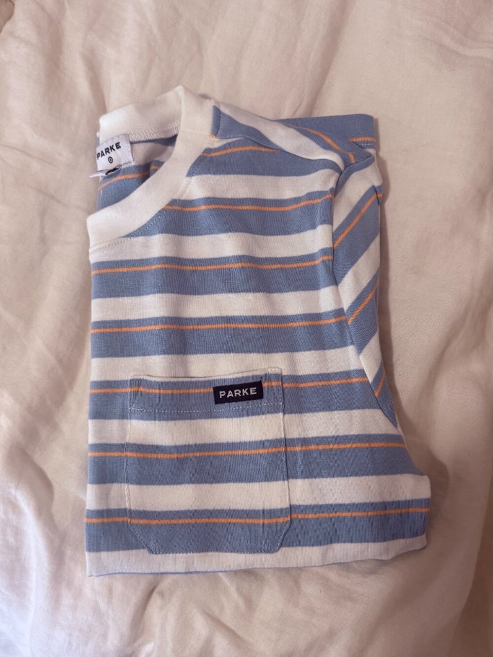Parke x Target | Blue/Orange Stripe Short Sleeve Crewneck Pocket T-Shirt | Small - Picture 2 of 3